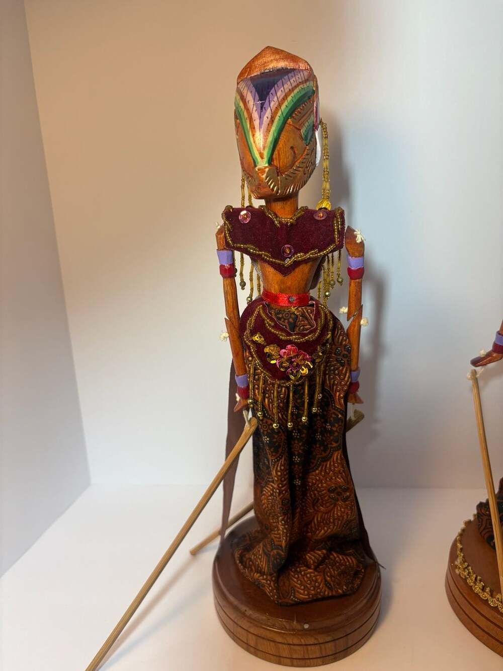 Vintage Indonesian Javanese Wayang Golek Wooden Rod Puppet Figure on Stand